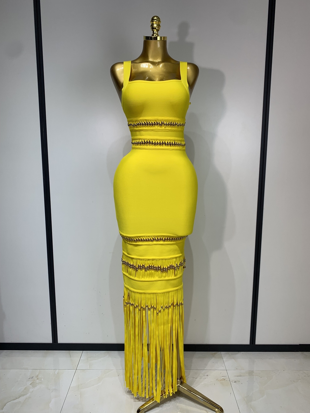 Yellow Fringe Bodycon Maxi Dress